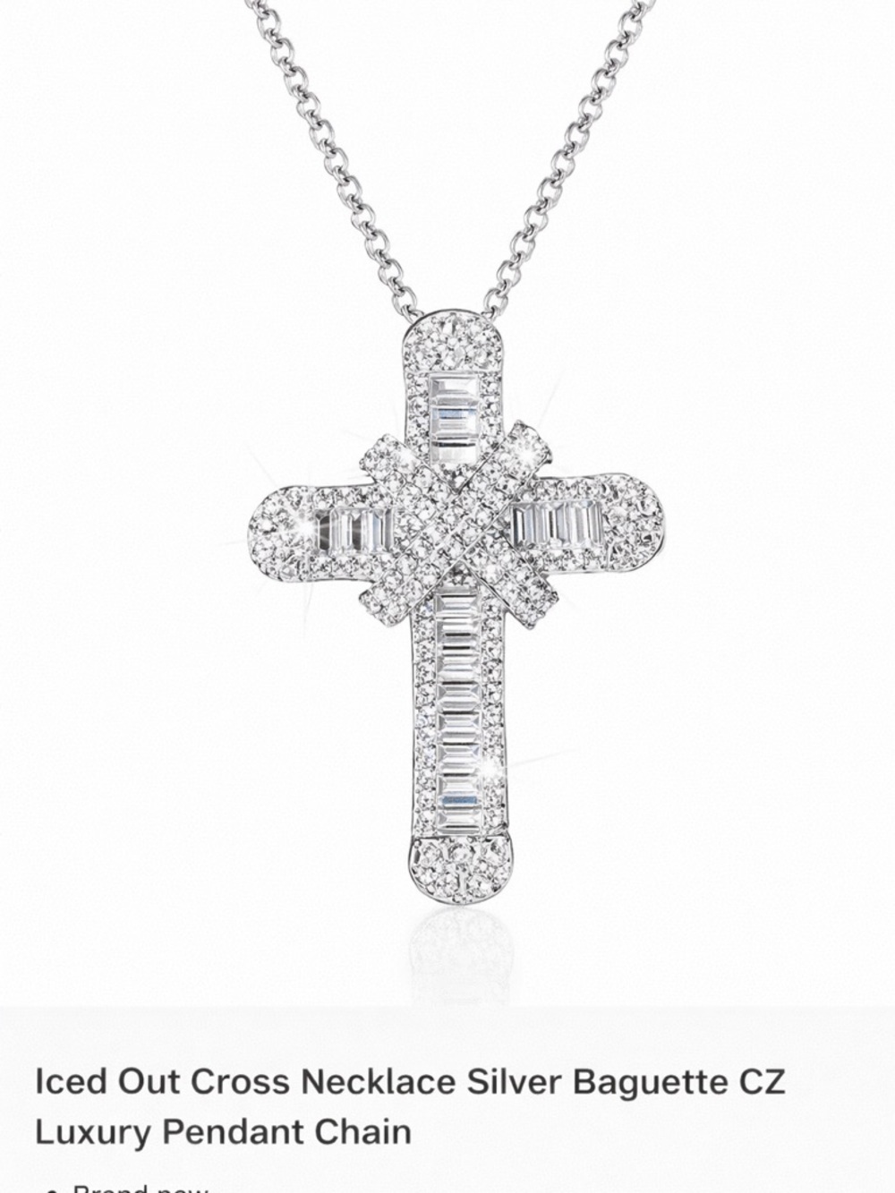 Silver Iced Out Cross Necklace – Luxury Baguette CZ Pendant